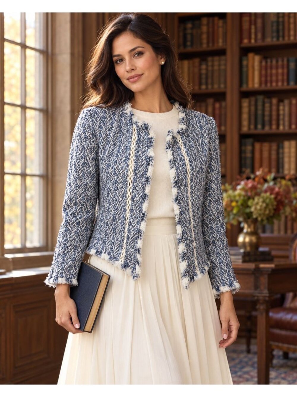 Romantic Academia NIC+ZOE Tweed Fringe Open Blazer Blue Ivory Petite Small PS